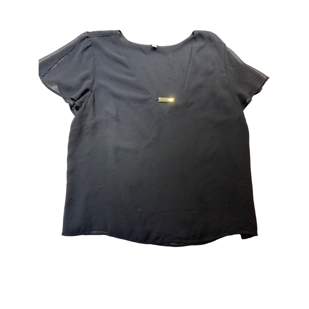 Guess Black V-Neck Split Sleeve Blouse Gold Bar Detail XL sheer lined going ot